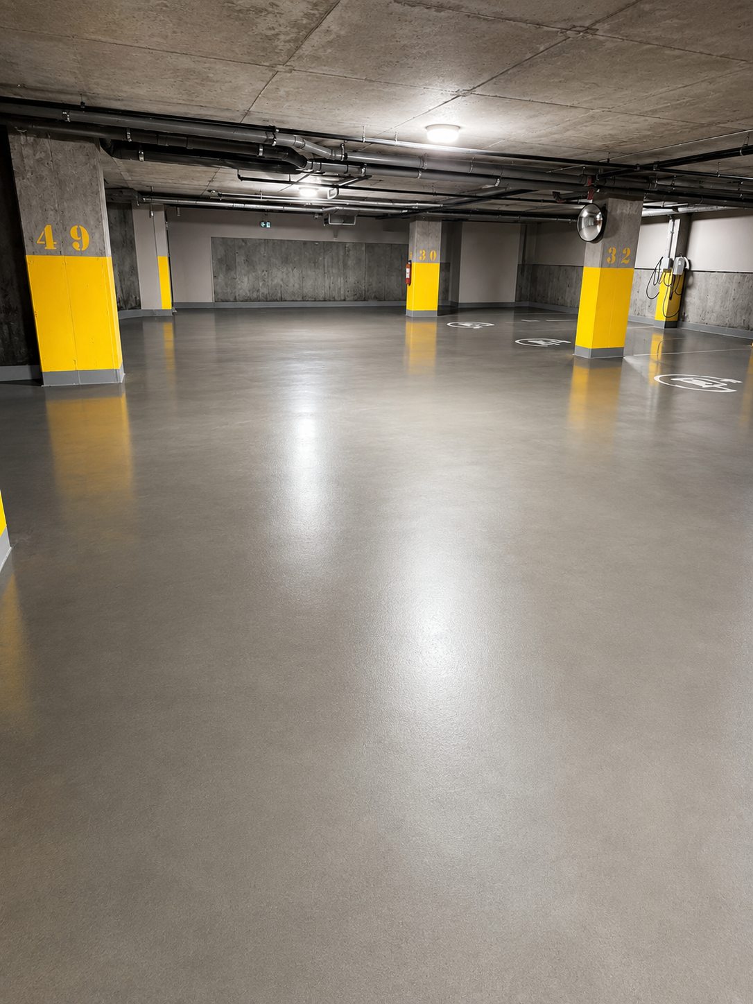 Clean indoor condo garage floor area.