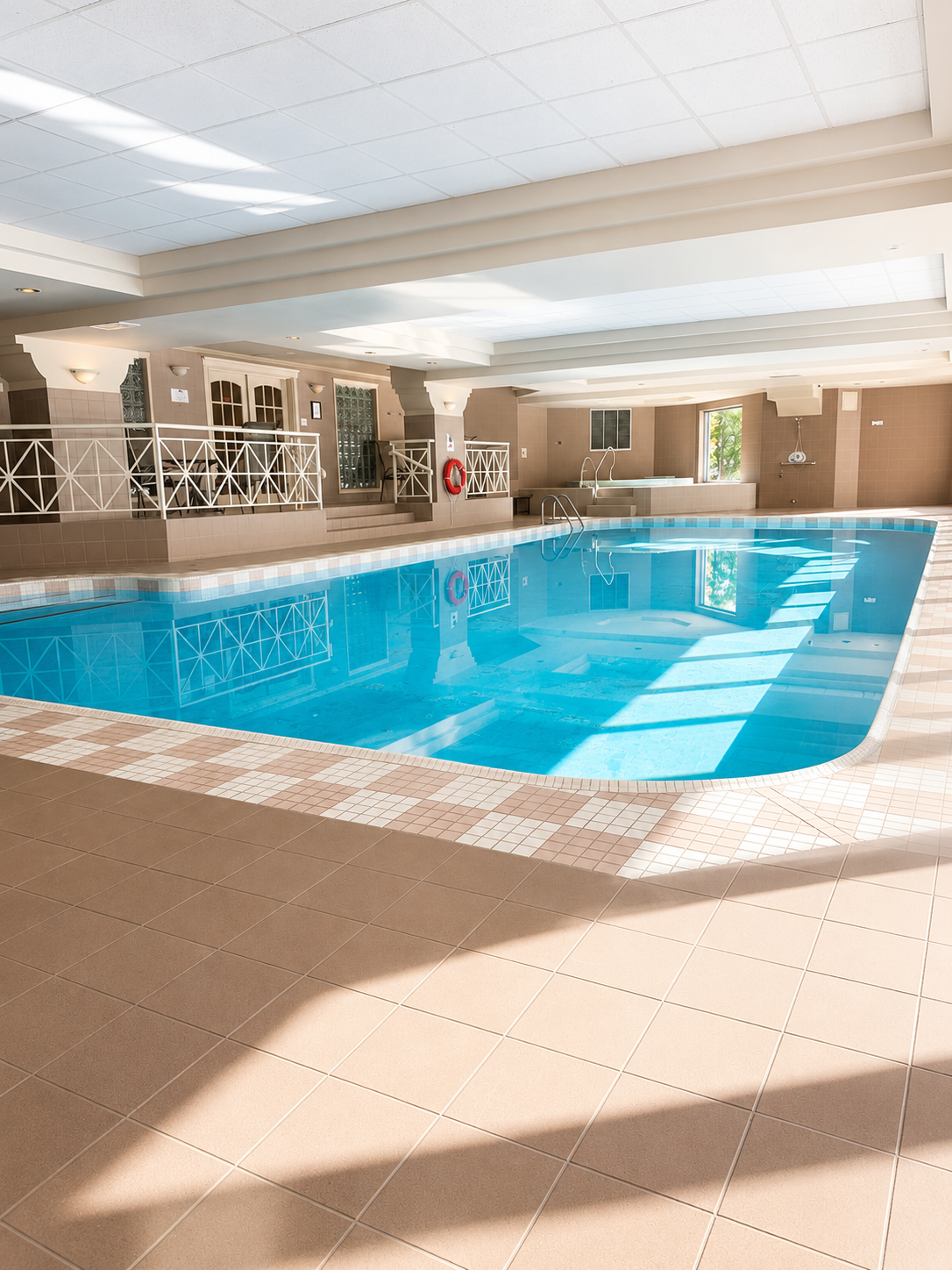 Clean indoor condo pool and surrounding amenity area.