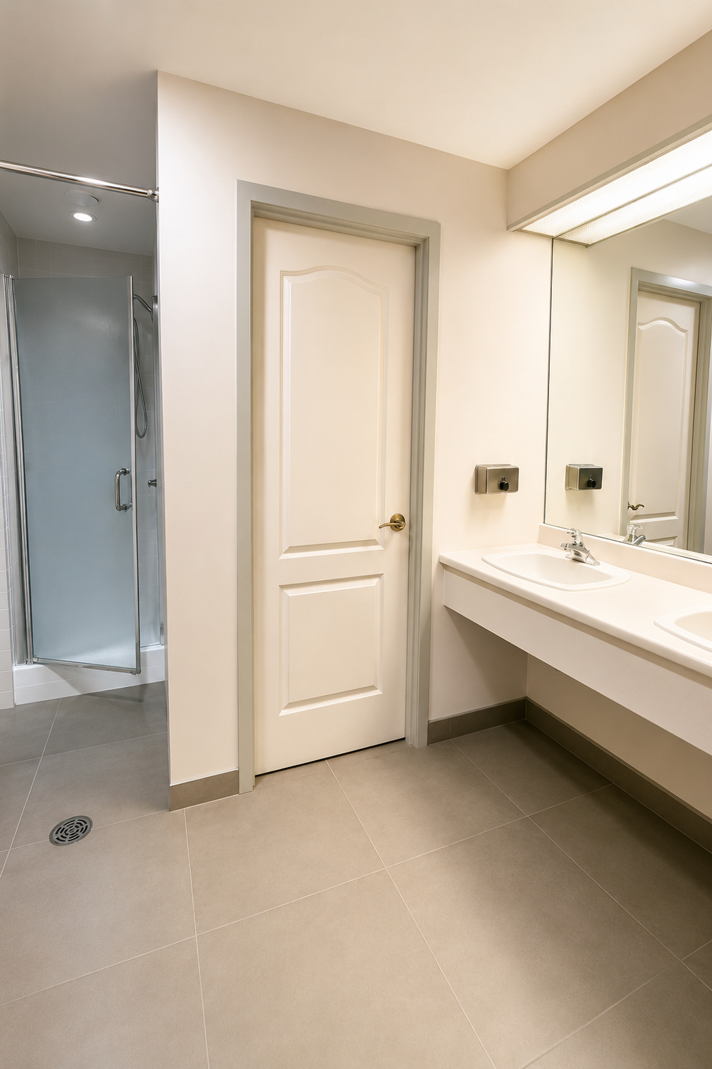 Clean shared washroom vanity and sink area.